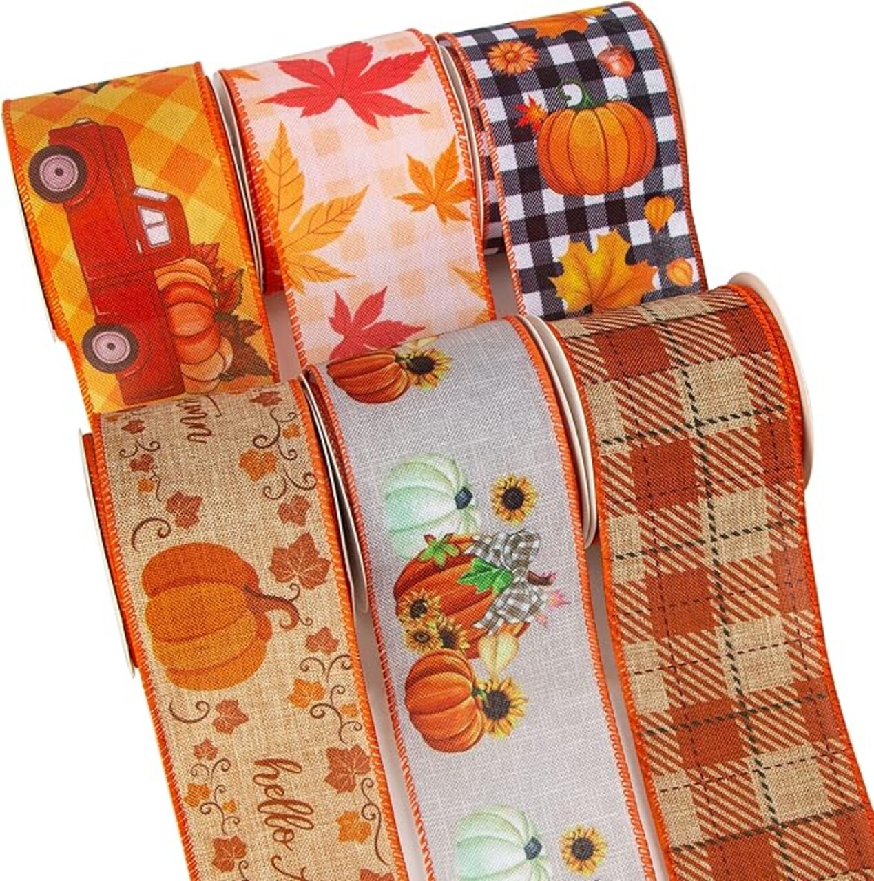 Fall Ribbon Wired 6 Rolls 2.5 Inch, Total 90 Feet (30 Yards), Hello Autumn/Vintage Truck/Pumpkin/Maple Leaves/Fall Plaid/Buffalo Plaid with Pumpkin Ribbon for Wreaths, Big Bows, and Autumn Decoration